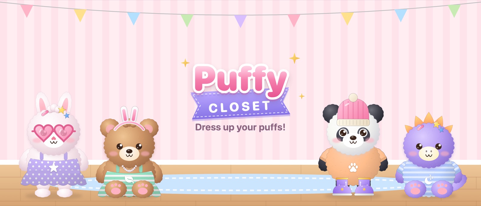 Puffy Closet logo with dressed-up bunny, bear, panda and dinosaur puffs in a pastel kids' room