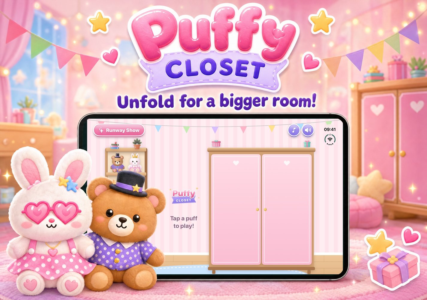 Puffy Closet on an unfolded iPhone Duo: unfold for a bigger room
