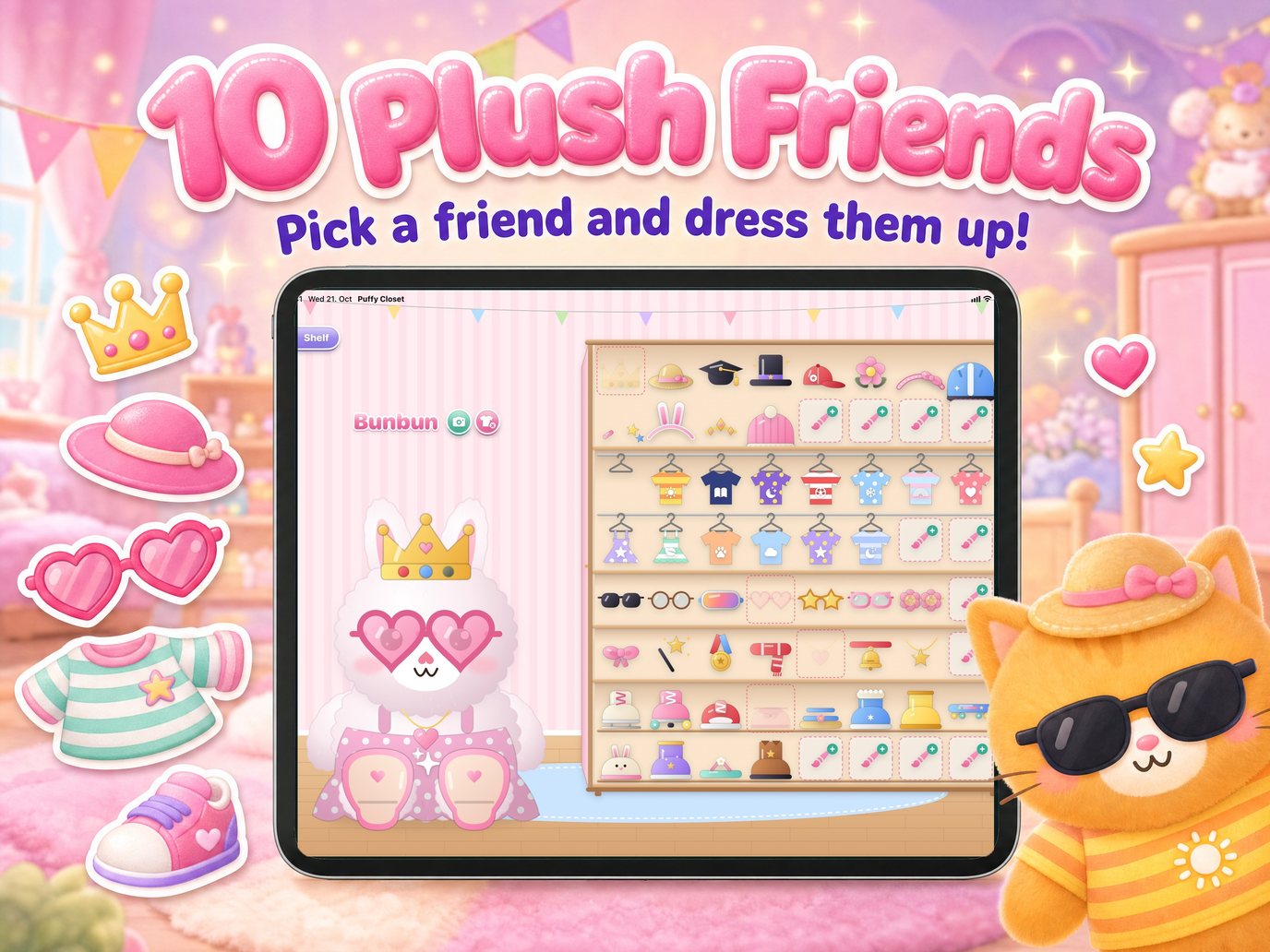 iPad dress-up screen with a big bunny puff and a full closet