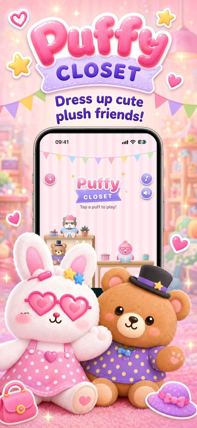 Puffy Closet: dress up cute plush friends. The kids room with the bookshelf of puffs and the closet