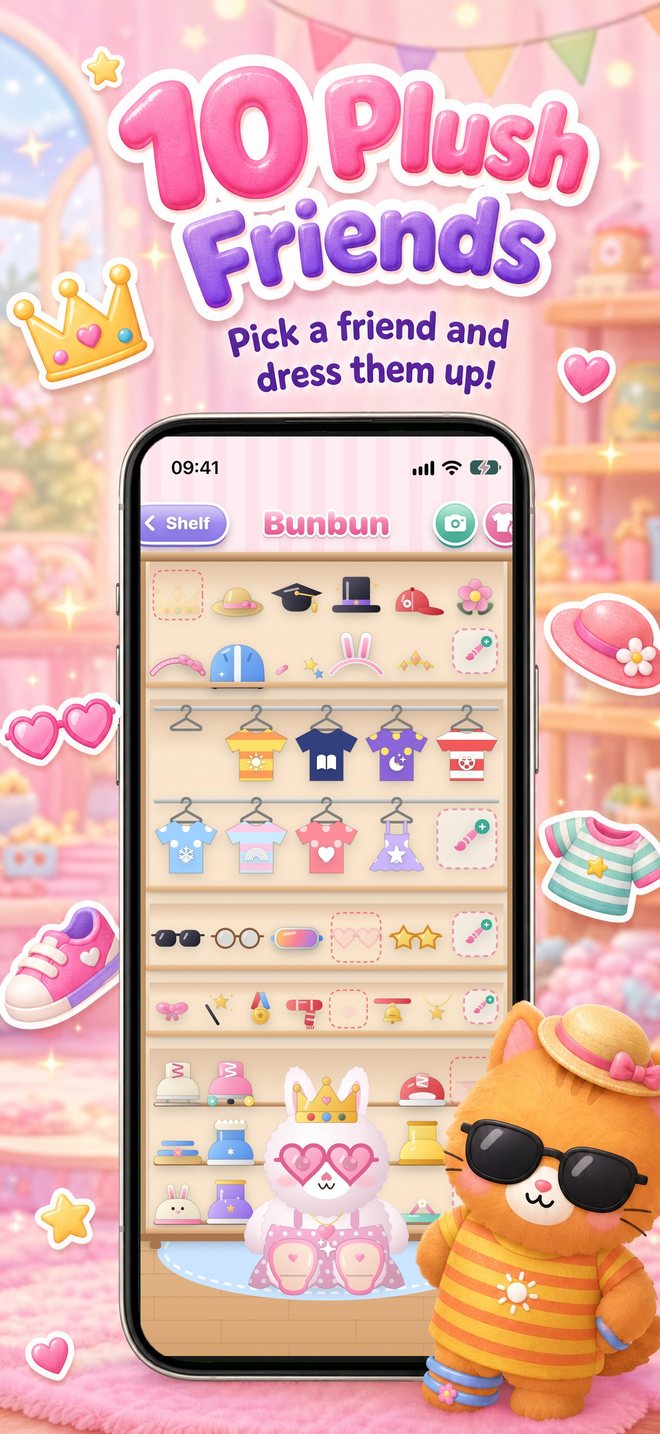 10 plush friends: pick a friend and dress them up from the open closet