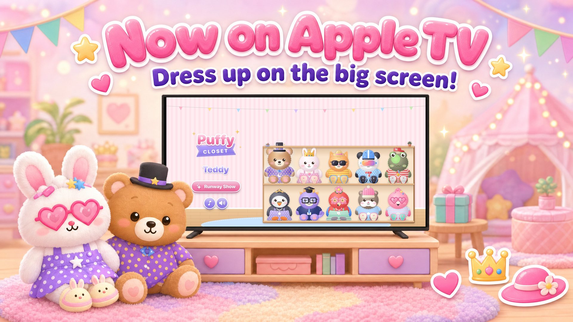 Now on Apple TV: the ten puffs on a wide bookshelf on the big screen