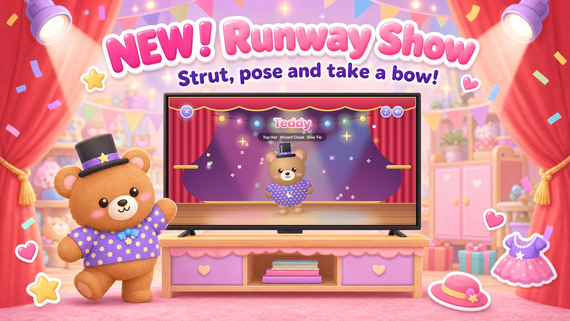 Apple TV runway show with a bear puff posing on stage